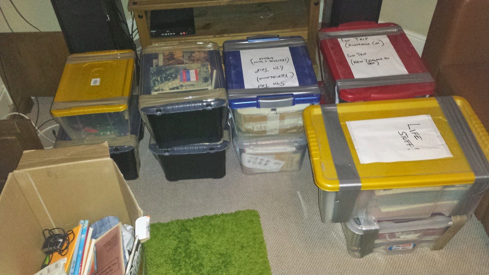 Boxes with things to go in storage before I quit my job and travel