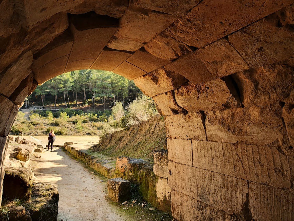 Entering the stadium at Nemea through the ancient tunnel