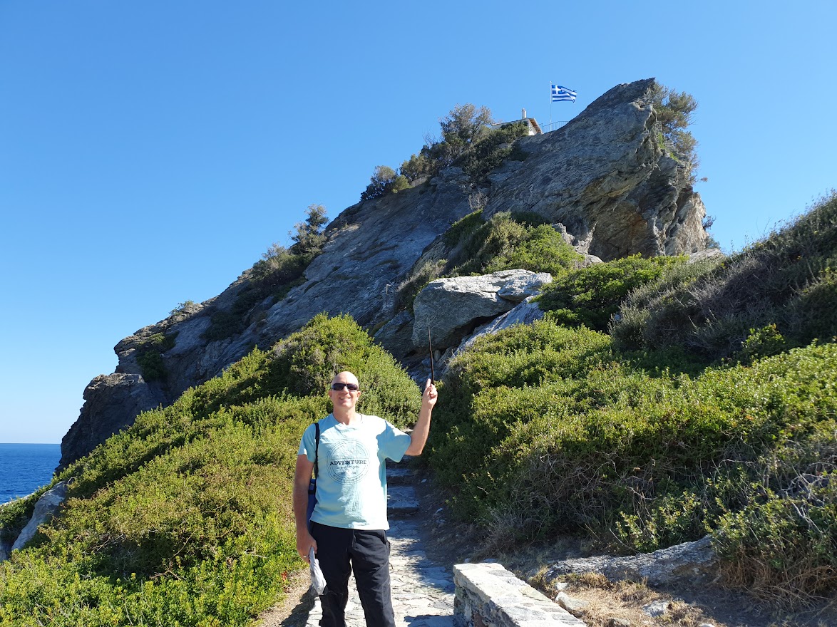 Dave Briggs visiting the Mamma Mia church in Skopelos island in Greece