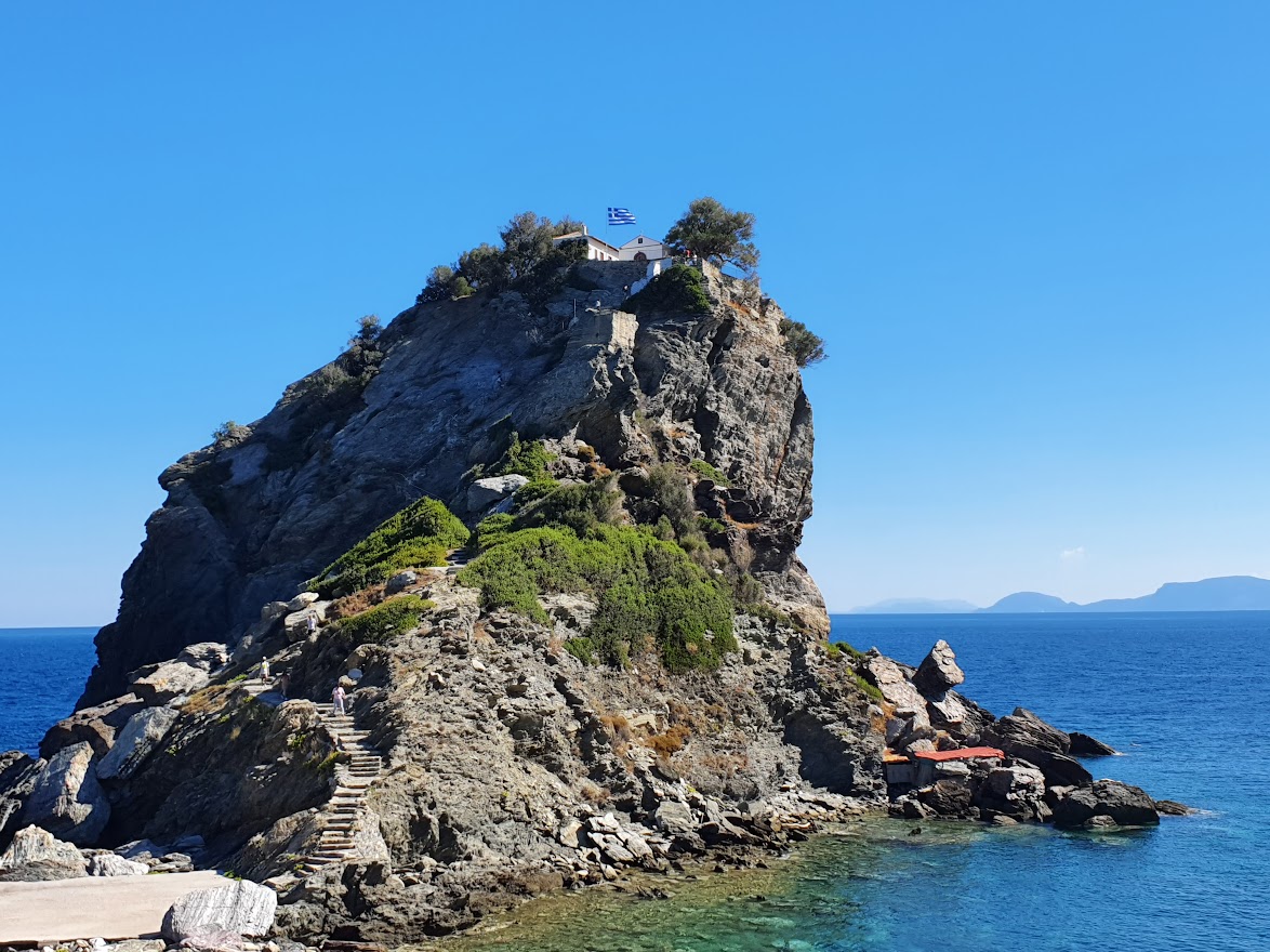 Approaching the Mamma Mia chapel on Skopelos island