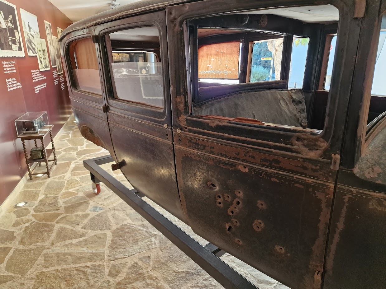 Bullet holes showing in the car after an attempted assassination on Venizelos in Greece 