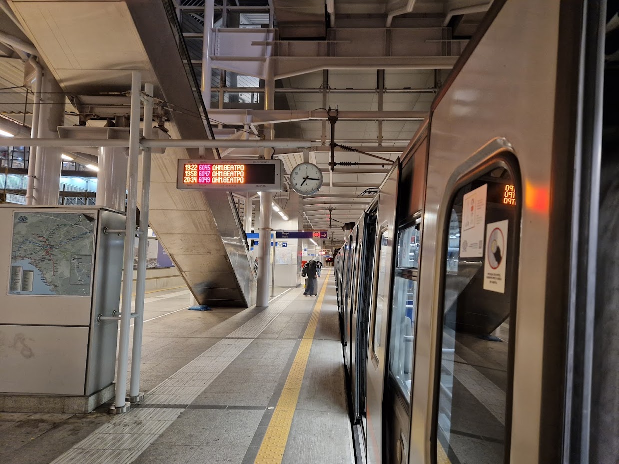 Boarding the Athens airport metro to go into the city