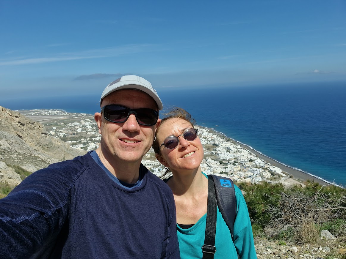 Dave and Vanessa hiking in Santorini