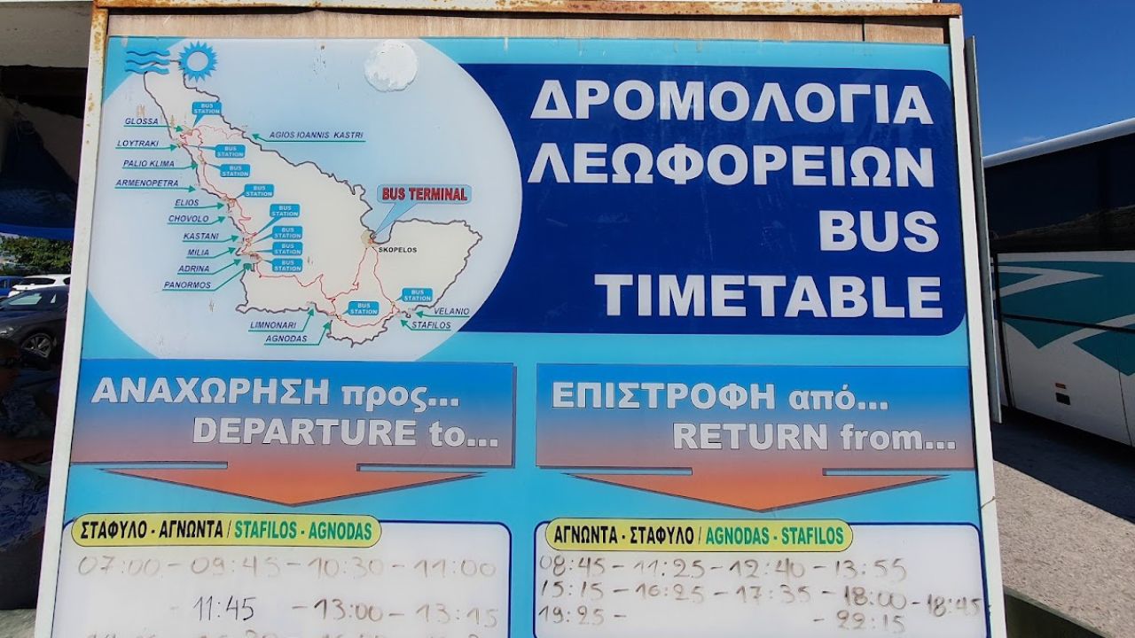 map of skopelos and bus timetable
