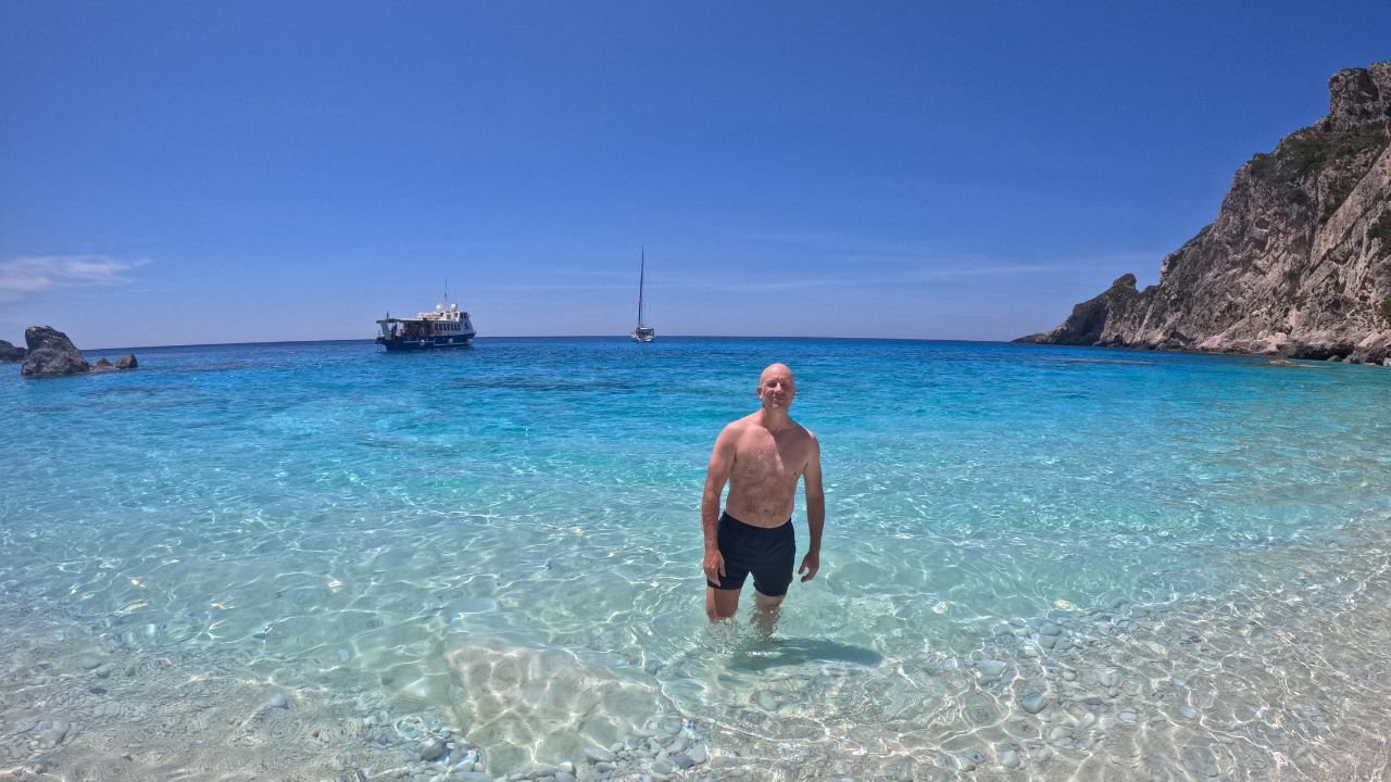 dave briggs on the beach at othonoi island, corfu, greece