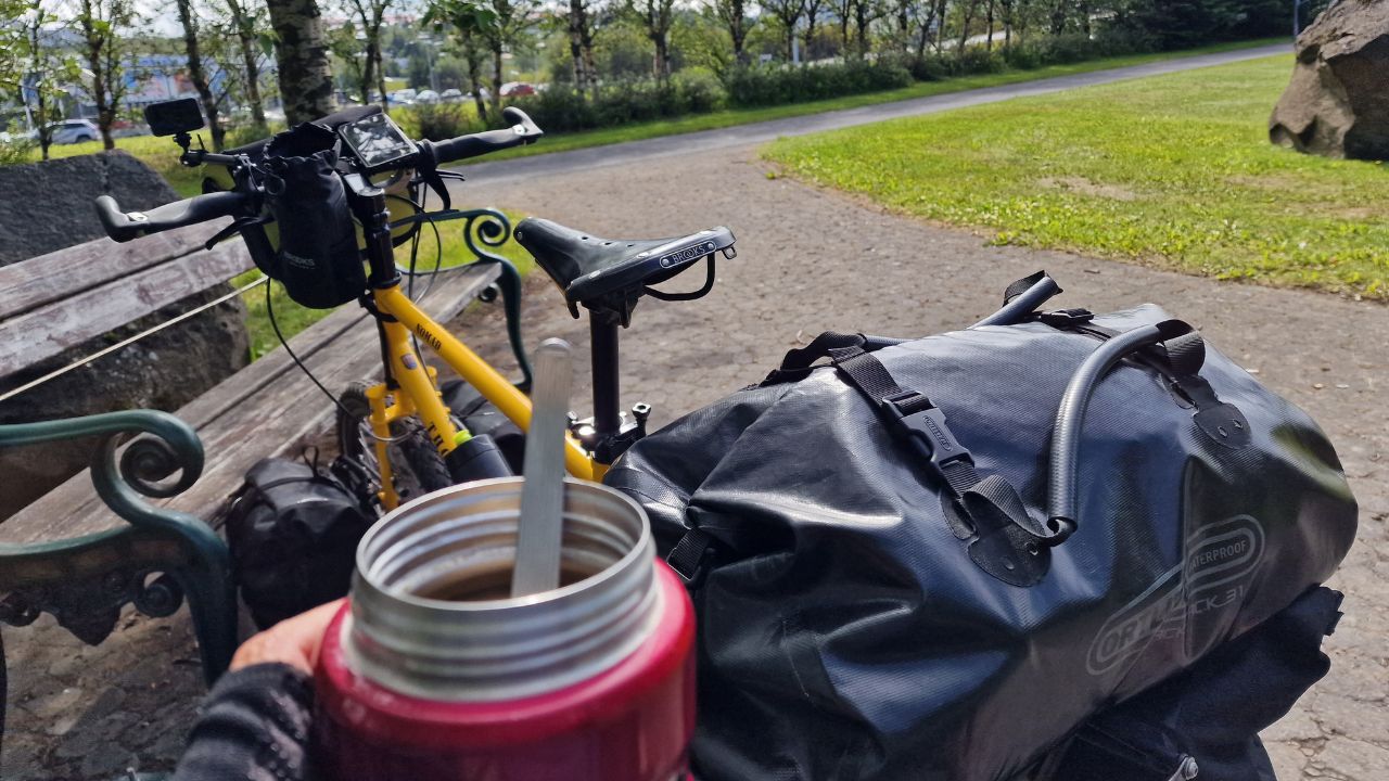 Eating noodles from a Thermos when bikepacking