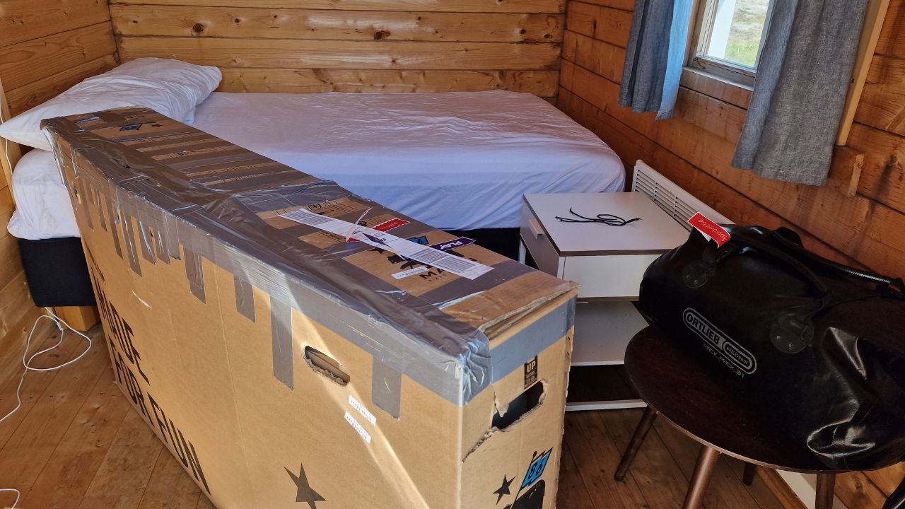 my bicycle box in a cabin at iceland campground