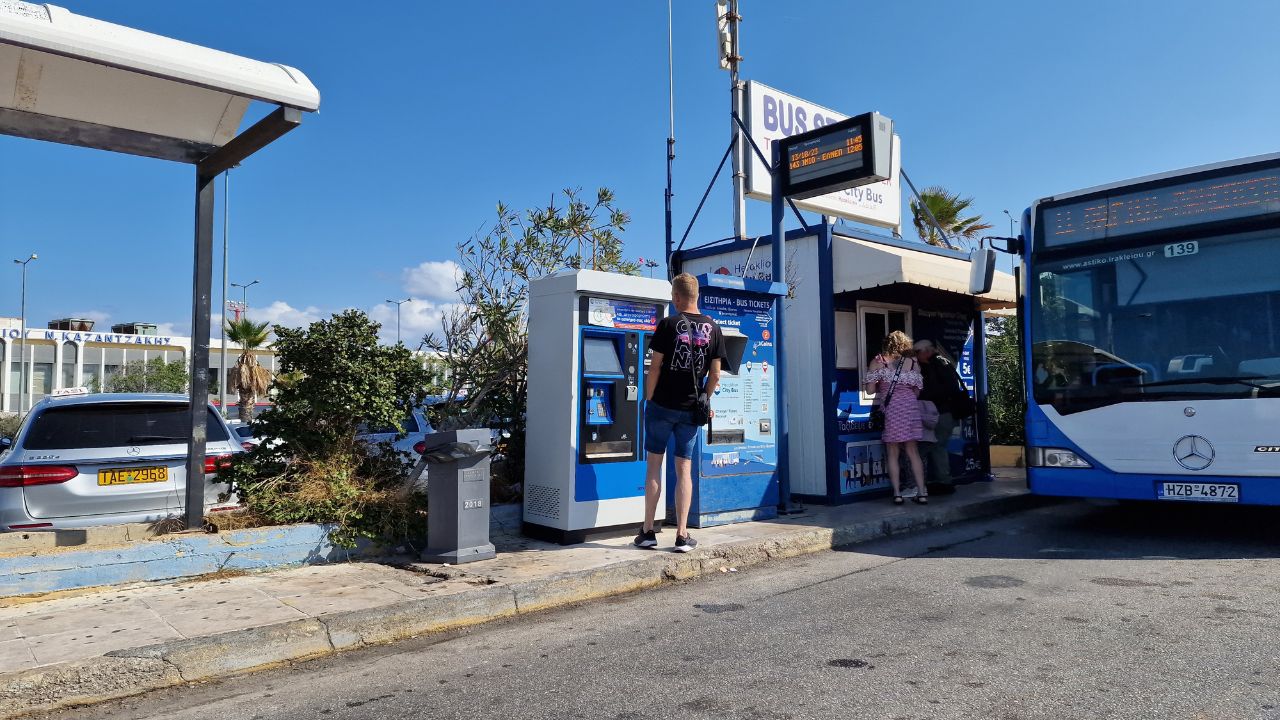 heraklion airport bus stop just outside the airport terminal