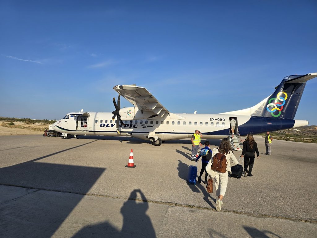 Olympic Air propeller plane getting ready to leave Naxos in Greece